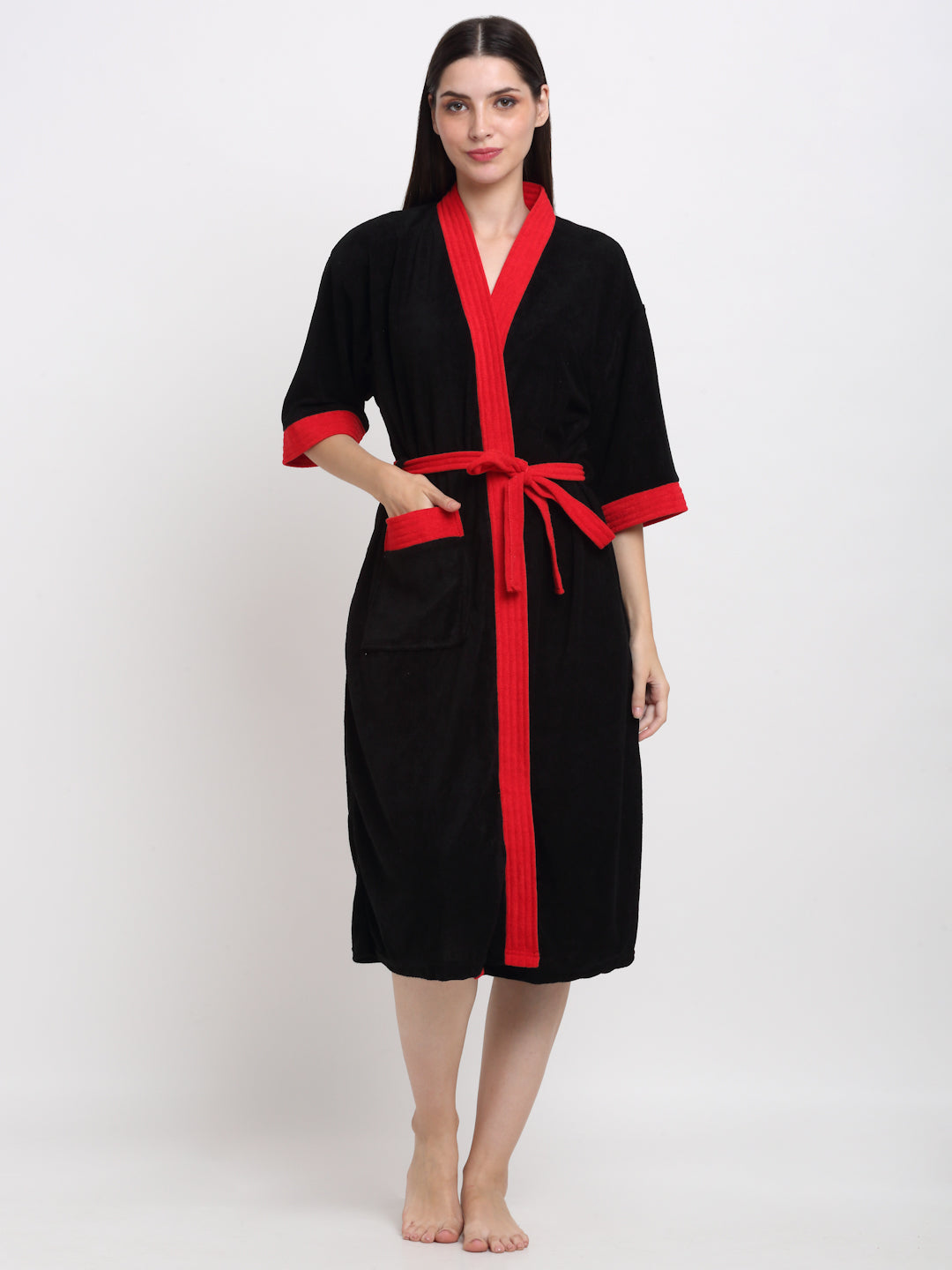 Black & Red Everyday Bathrobe – Stylish Comfort with Kimono Fit