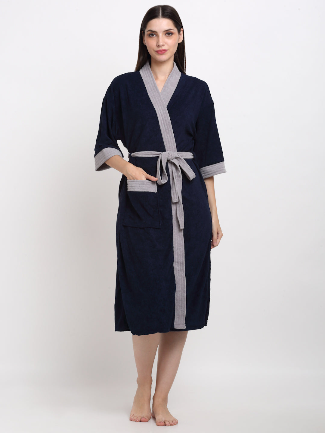 Navy & Grey Terry Bathrobe – Durable & Stylish Unisex Wear