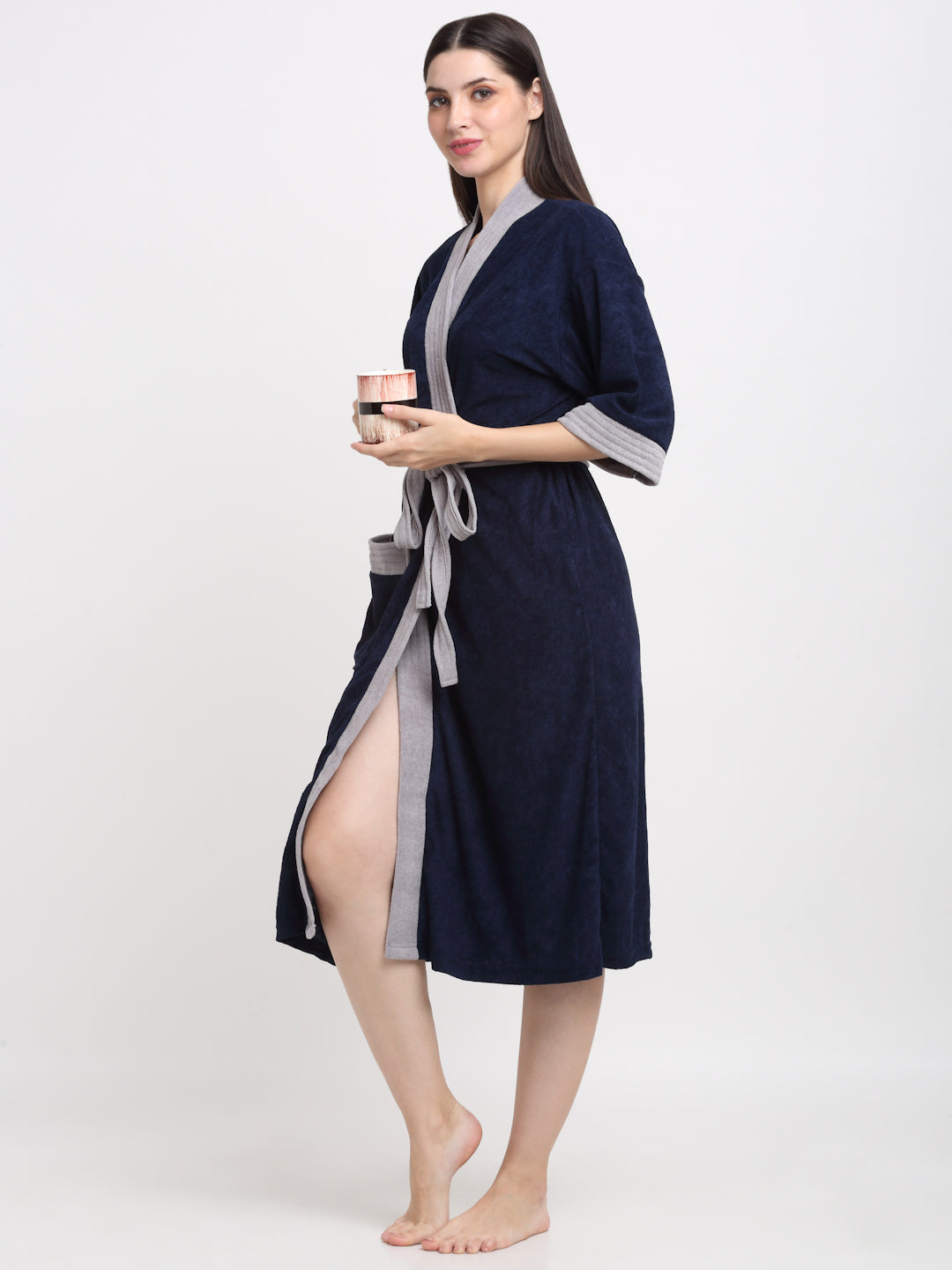 Navy & Grey Terry Bathrobe – Durable & Stylish Unisex Wear