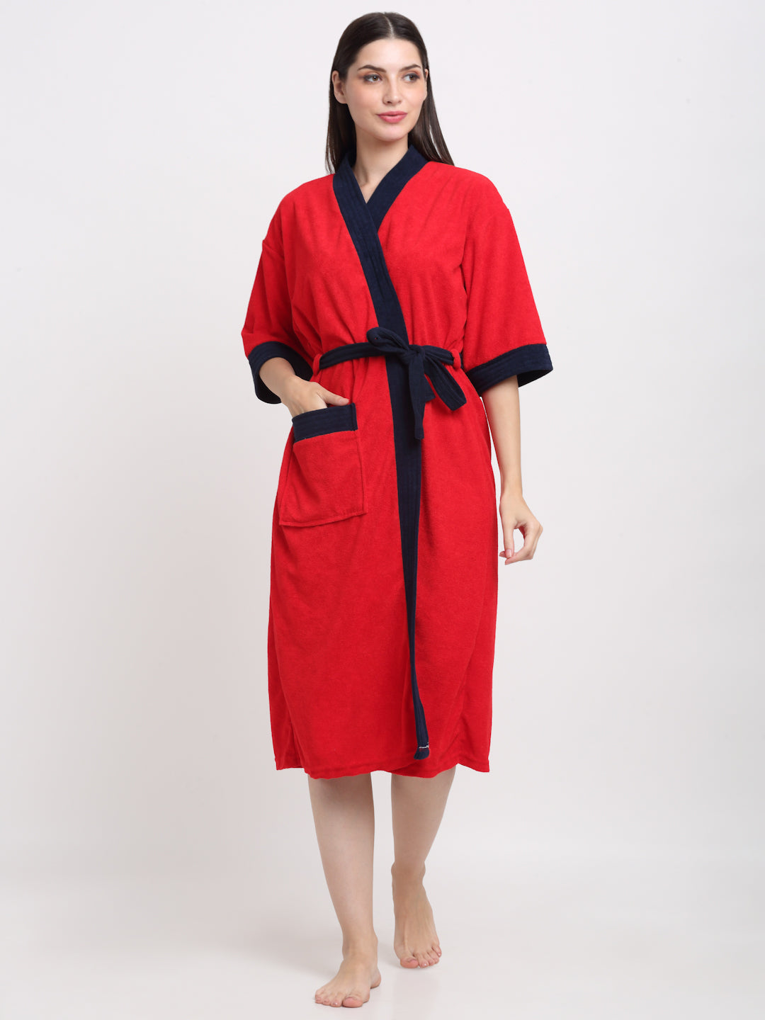 Red & Navy Unisex Bathrobe – Soft Micro Terry, Bold Look