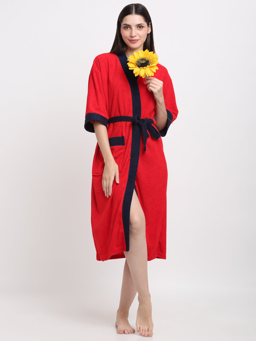 Red & Navy Unisex Bathrobe – Soft Micro Terry, Bold Look