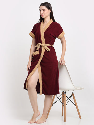 Micro Terry Bathrobe - Wine & Camel | Classic Look, Lightweight