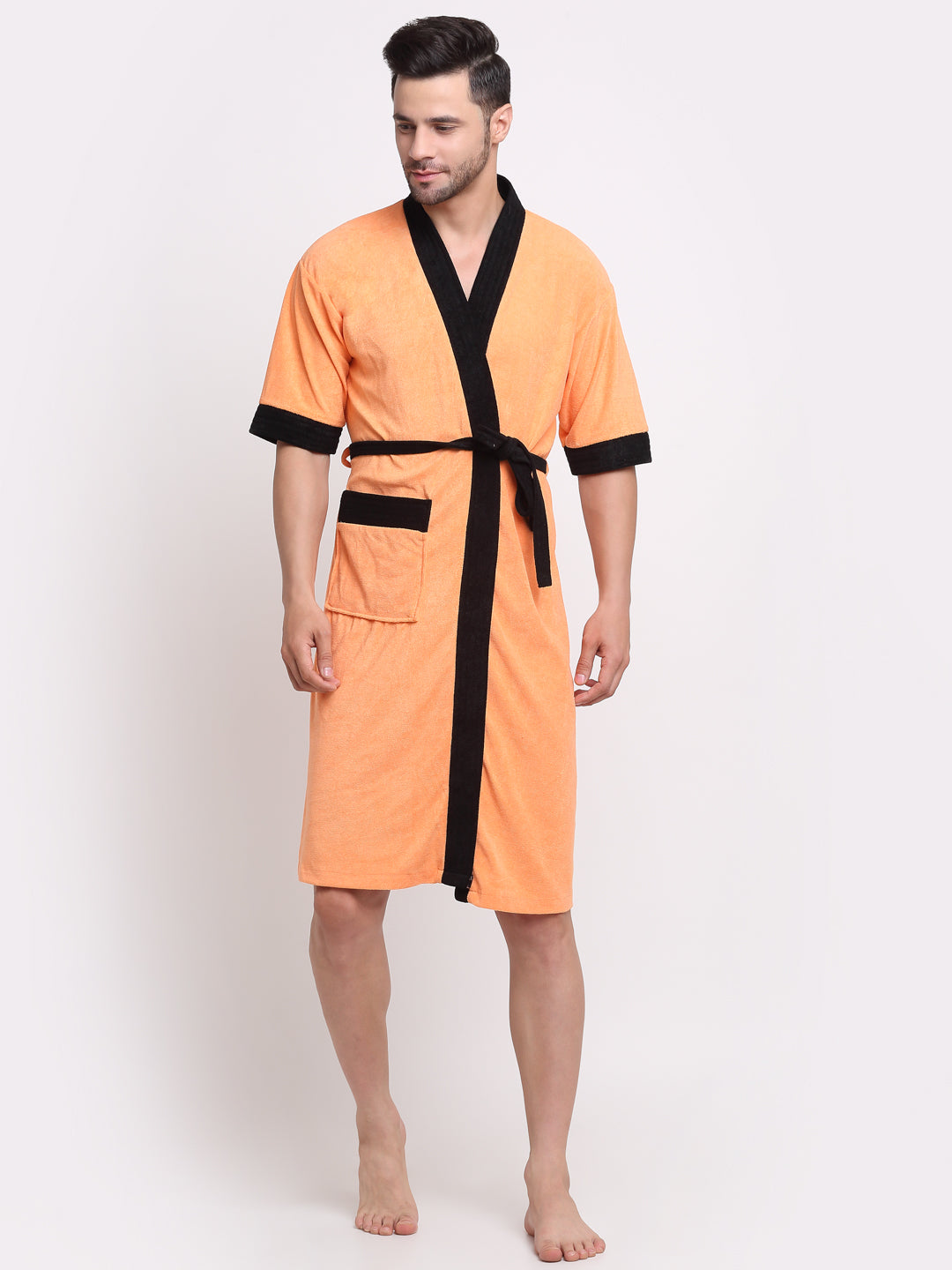 Vibrant Orange & Black Bathrobe – Stylish 3/4 Sleeve Lounging Robe
