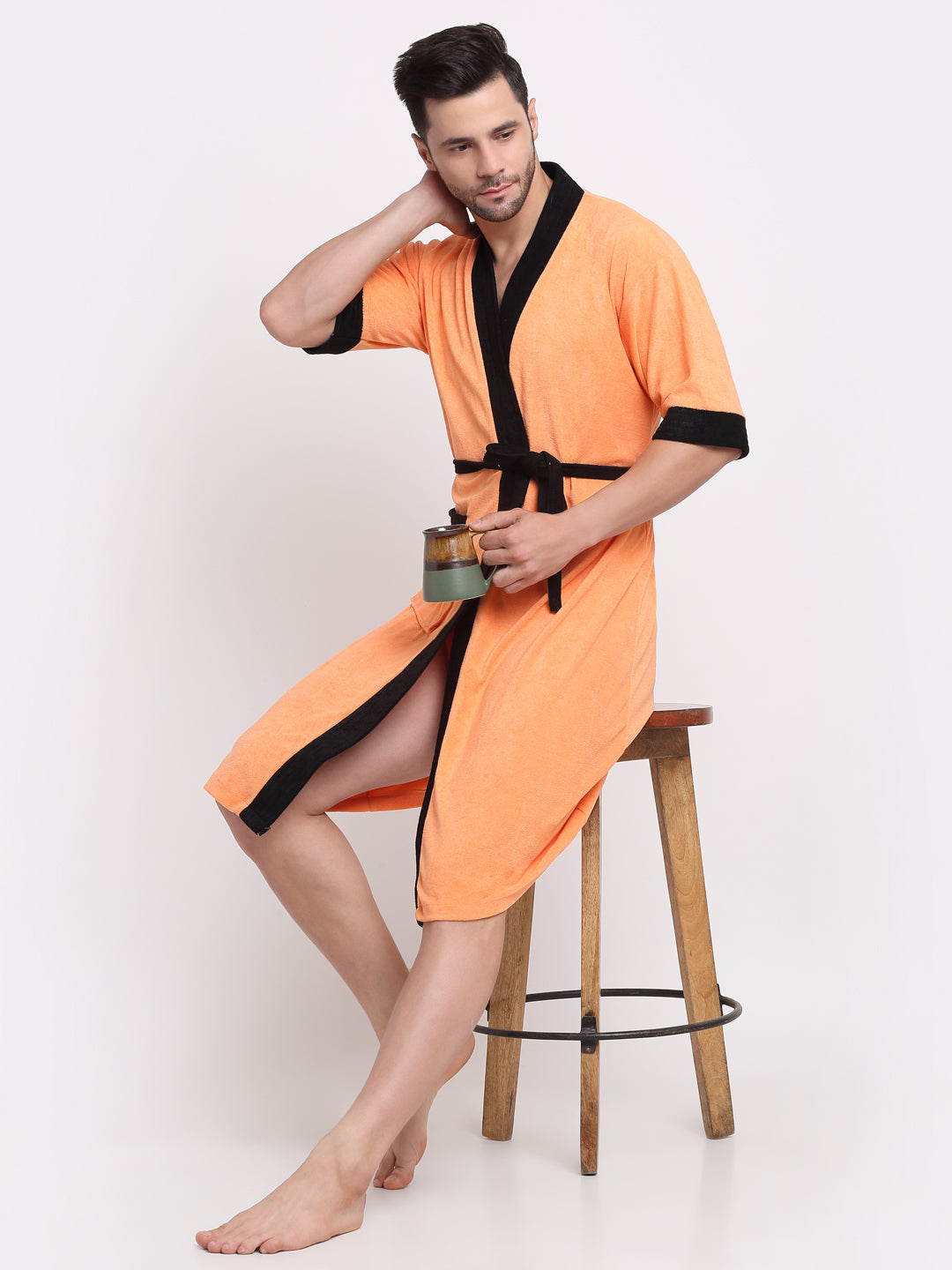 Vibrant Orange & Black Bathrobe – Stylish 3/4 Sleeve Lounging Robe