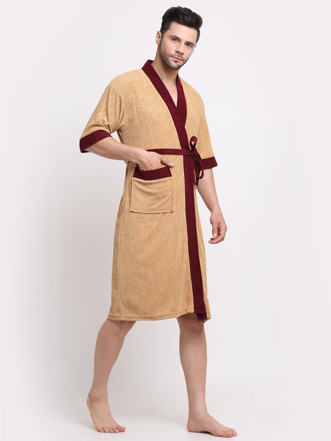 Camel & Wine Contrast Bathrobe – Kimono Collar, 3/4 Sleeves, 1 Pocket