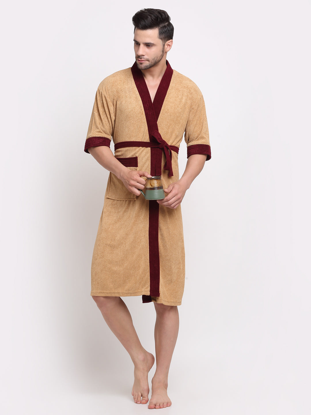 Camel & Wine Contrast Bathrobe – Kimono Collar, 3/4 Sleeves, 1 Pocket