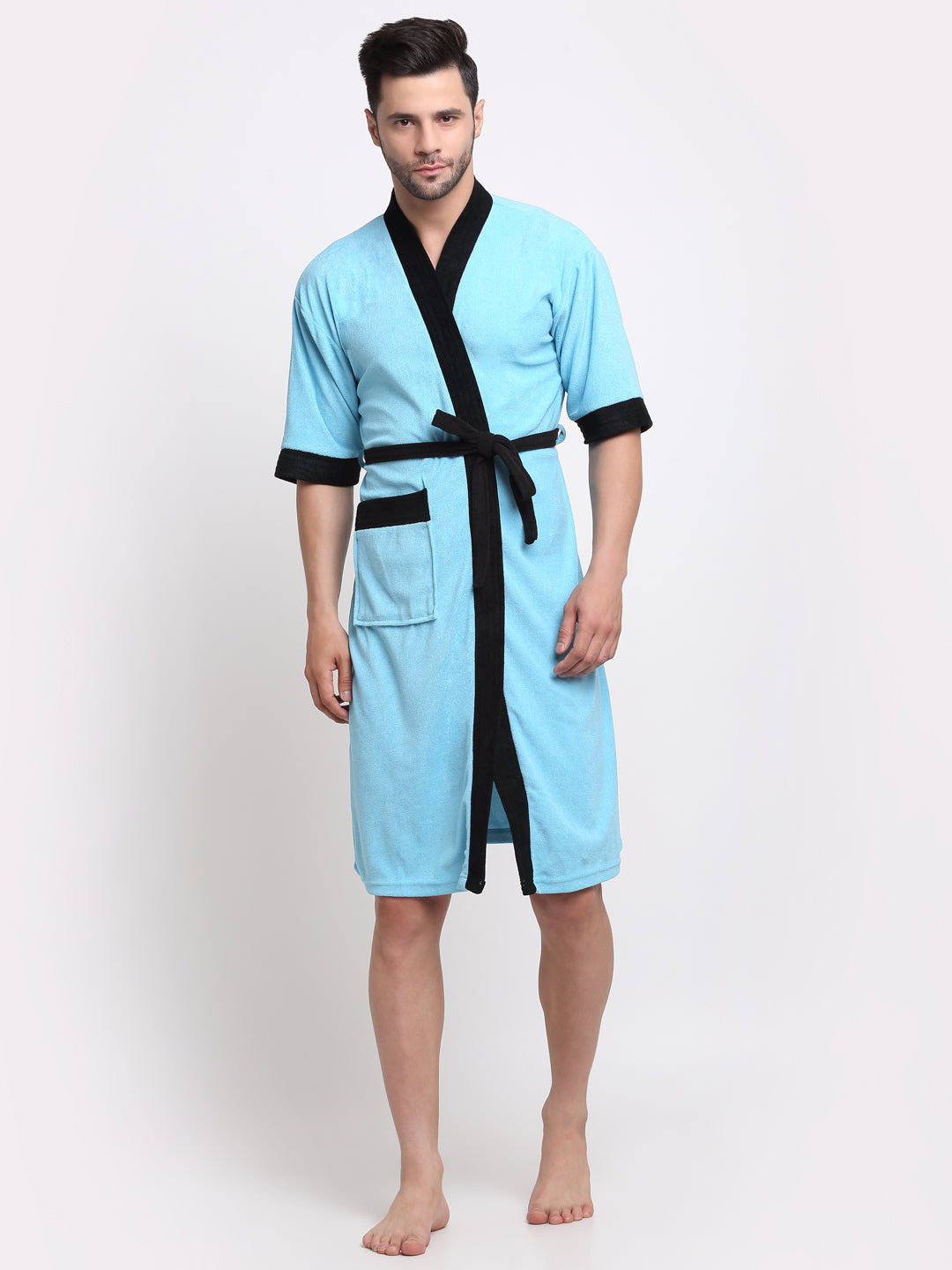 Ocean Blue & Black Terry Bathrobe – Lightweight & Breathable Design
