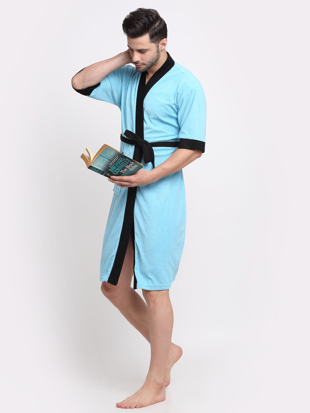 Ocean Blue & Black Terry Bathrobe – Lightweight & Breathable Design