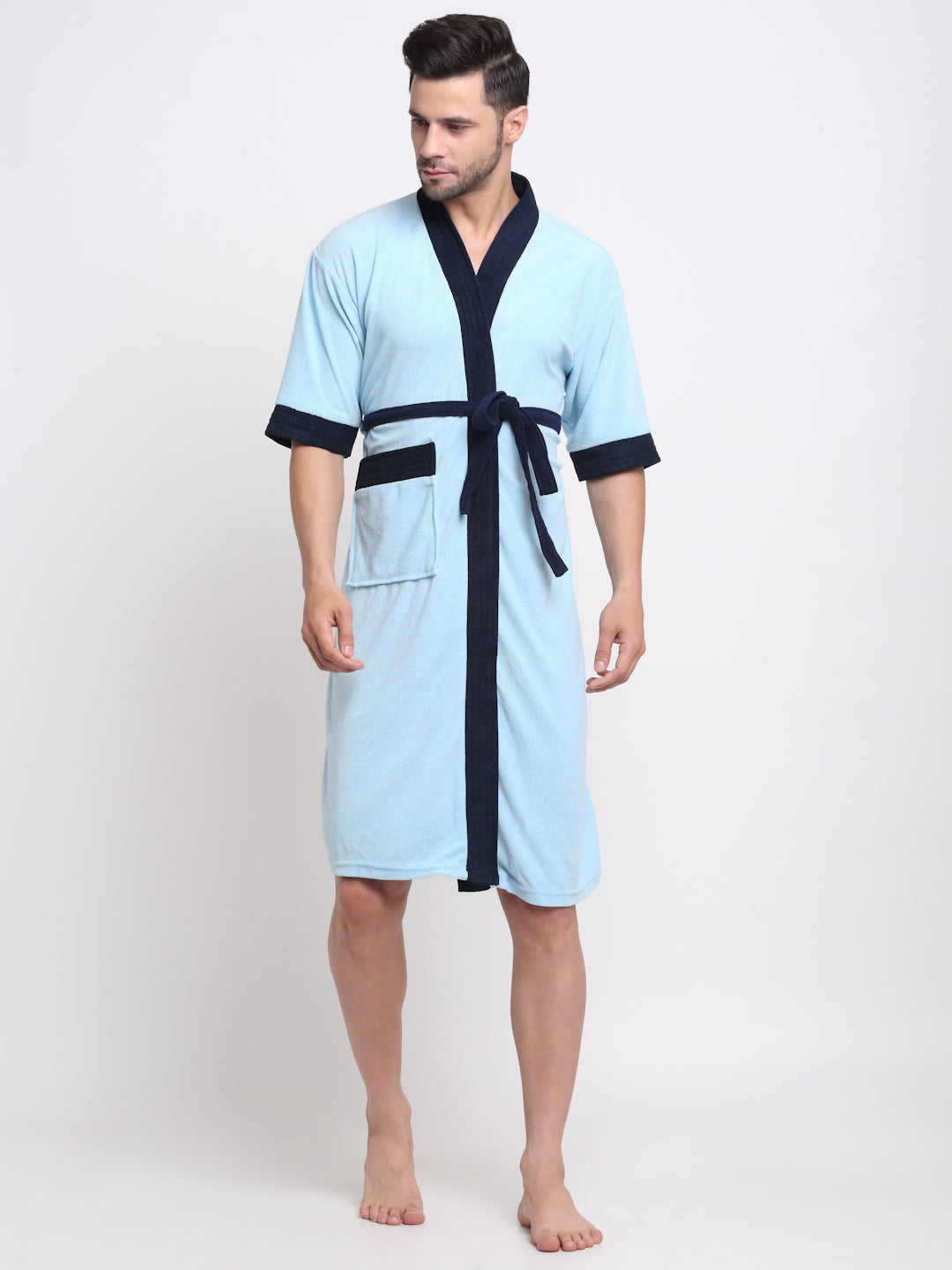 Sky Blue & Navy Contrast Bathrobe – Soft Loungewear with 3/4 Sleeves