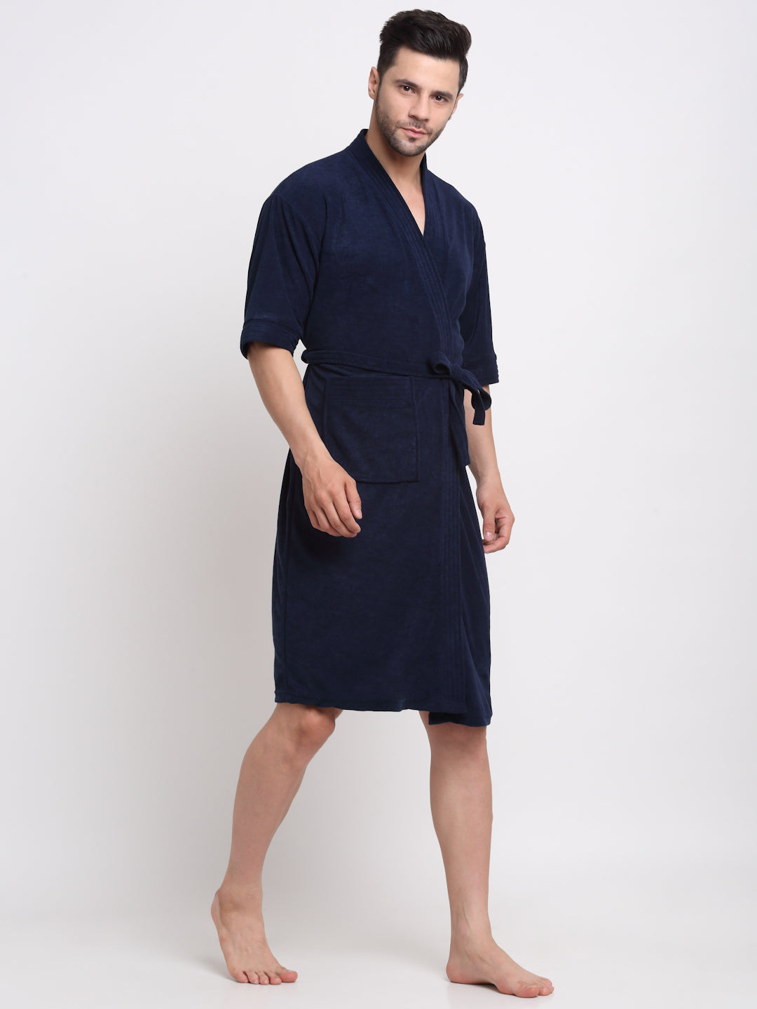 Navy Blue Micro Terry Bathrobe – Unisex Design with Kimono Styling