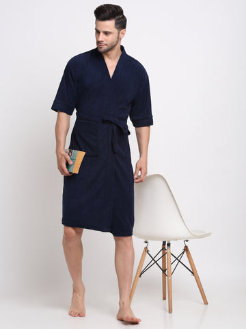Navy Blue Micro Terry Bathrobe – Unisex Design with Kimono Styling