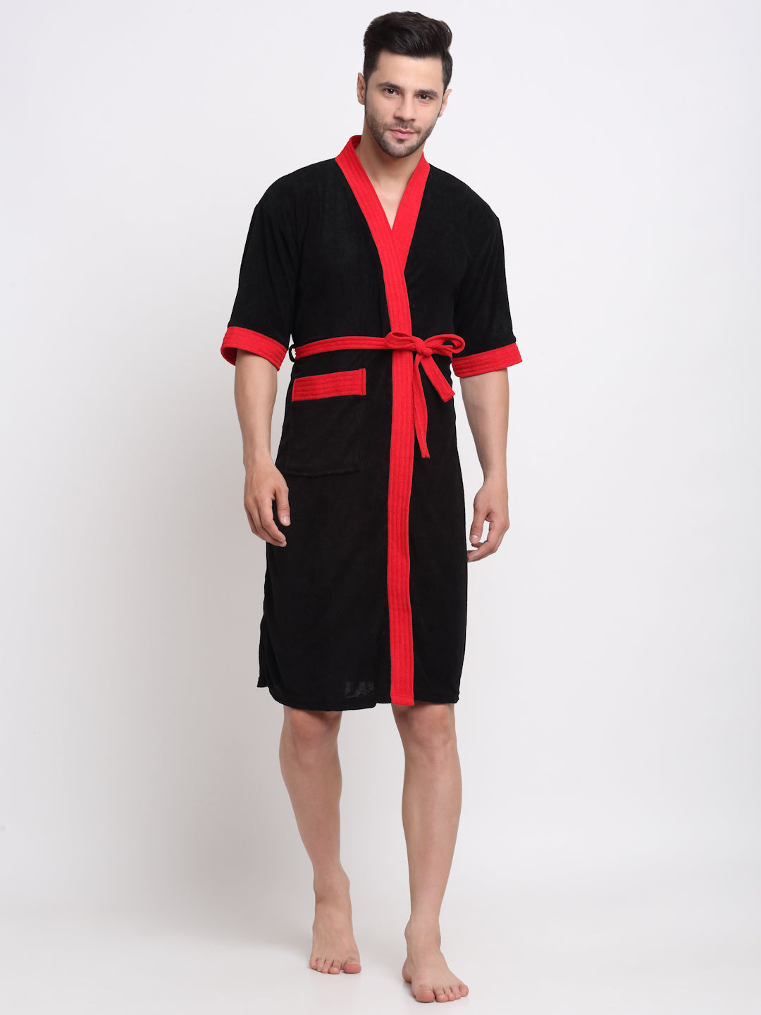 Black & Red Terry Bathrobe – Eye-Catching Unisex Comfort Fit