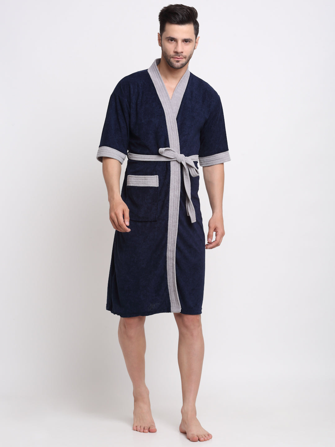Navy & Grey Bathrobe – Minimalist Style, Soft Kimono Neck Design