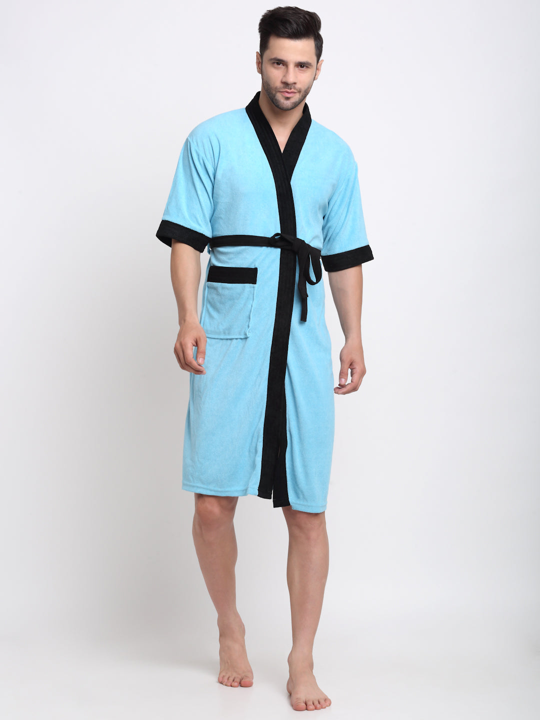 Sky Blue & Black Contrast Bathrobe – Ultra-Light & Quick-Dry Terry