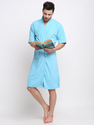 Ocean Blue Relax Fit Bathrobe – 3/4 Sleeves, Kimono Collar, & Pocket