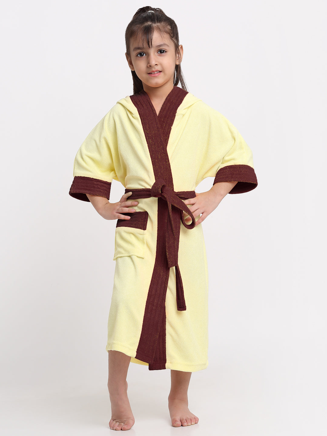 Unisex Kids Bathrobe – Comfy, Belted & Pocketed Ages (Yellow & Wine)