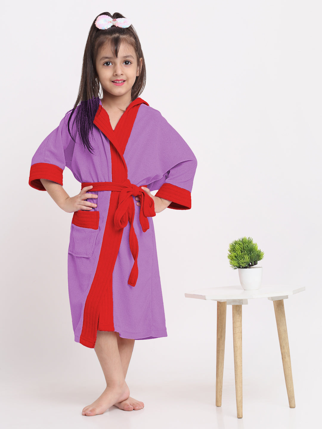 Unisex Kids Bathrobe – Comfy, Belted & Pocketed Ages (Purple & Red)
