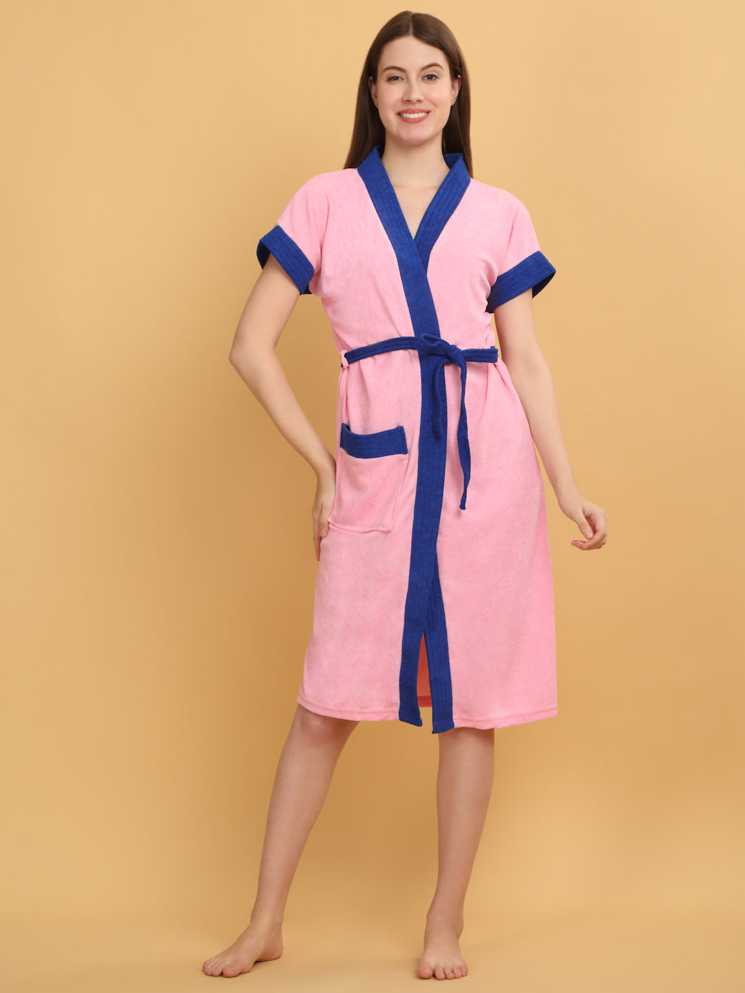 Micro Terry Bathrobe - Pink & Turkish | Relax Wear, Free Size