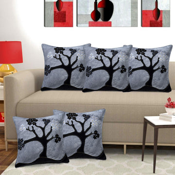CREEVA Set of 5 Velvet Cushion Covers | Tree Design Silver | 16 x 16 INCH or 40 x 40 CM