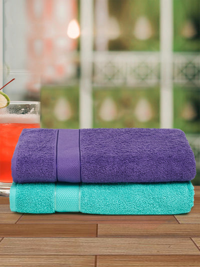 Creeva Sea Green & Violet 2 Pc Solid 525 GSM Bath Towel Set