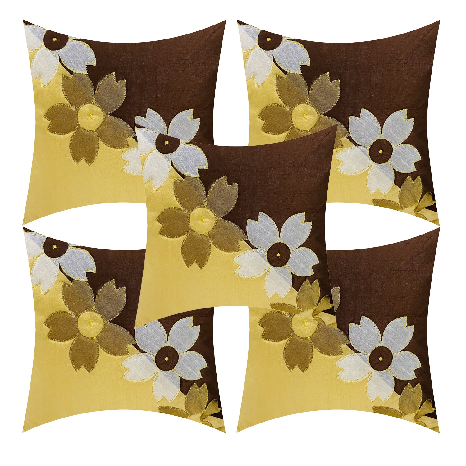 Set of 5 Silk Cushion Covers | 4 Rose Design Brown | 16 x 16 INCH or 40 x 40 CM