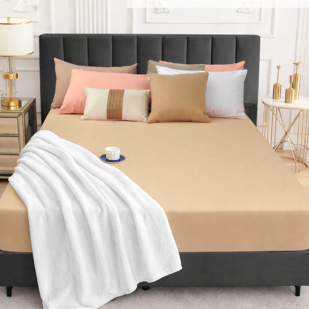 Waterproof Terry Mattress Protector with Elastic Skirting - Beige
