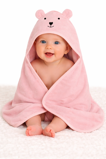 CREEVA Cuddle Baby/Kids Hooded Bath Towel in Baby Peach – Soft 100% Cotton with Cute Cartoon Face & 3D Ears, Super Absorbent Bath Wrap for Newborns & Toddlers | (0-5 Years)