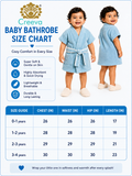 Creeva Baby Bathrobe Size Chart infographic showing two young children wearing light blue bathrobes from the front and back, along with product feature icons and a sizing table by age and measurements.