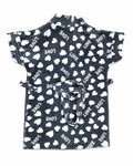 A short-sleeved baby wrap or robe in a dark gray plush fabric, featuring an all-over pattern of white hearts and the word 'LOVE' printed in white. The wrap is secured with a matching drawstring belt and is displayed flat against a plain white background.