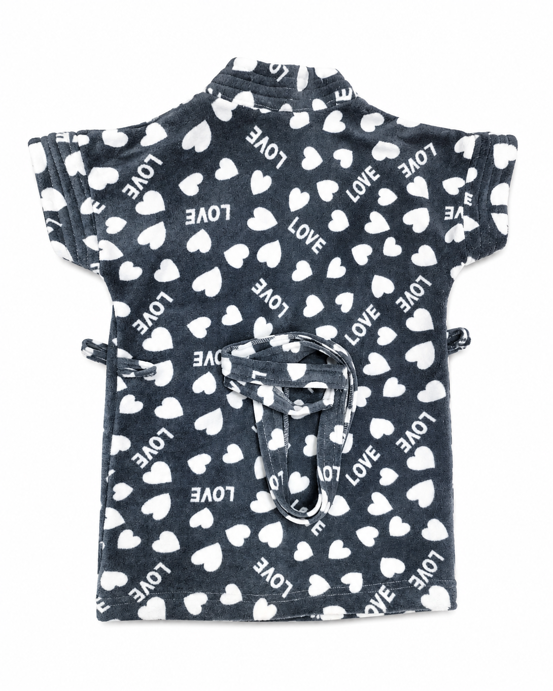 A short-sleeved baby wrap or robe in a dark gray plush fabric, featuring an all-over pattern of white hearts and the word 'LOVE' printed in white. The wrap is secured with a matching drawstring belt and is displayed flat against a plain white background.