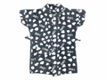 A short-sleeve button-up shirt with a black base and an all-over white heart and 'LOVE' text pattern, displayed flat against a white background.