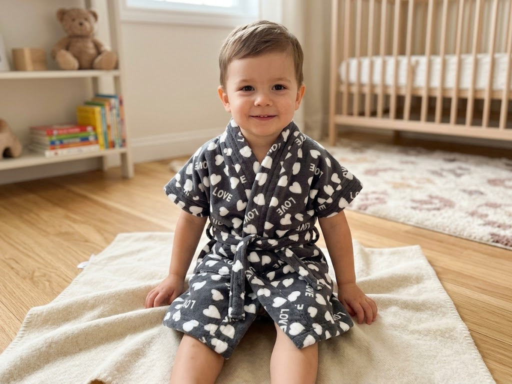A young child sitting on a cream towel in a bright nursery, wearing a dark gray short-sleeve robe with a white cloud pattern and the word 'LOVE' printed on it.