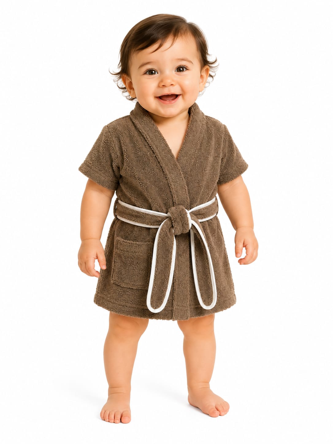 A toddler standing against a plain white background, shown from the front and back wearing a short-sleeve brown bathrobe with a white belt and front patch pockets.