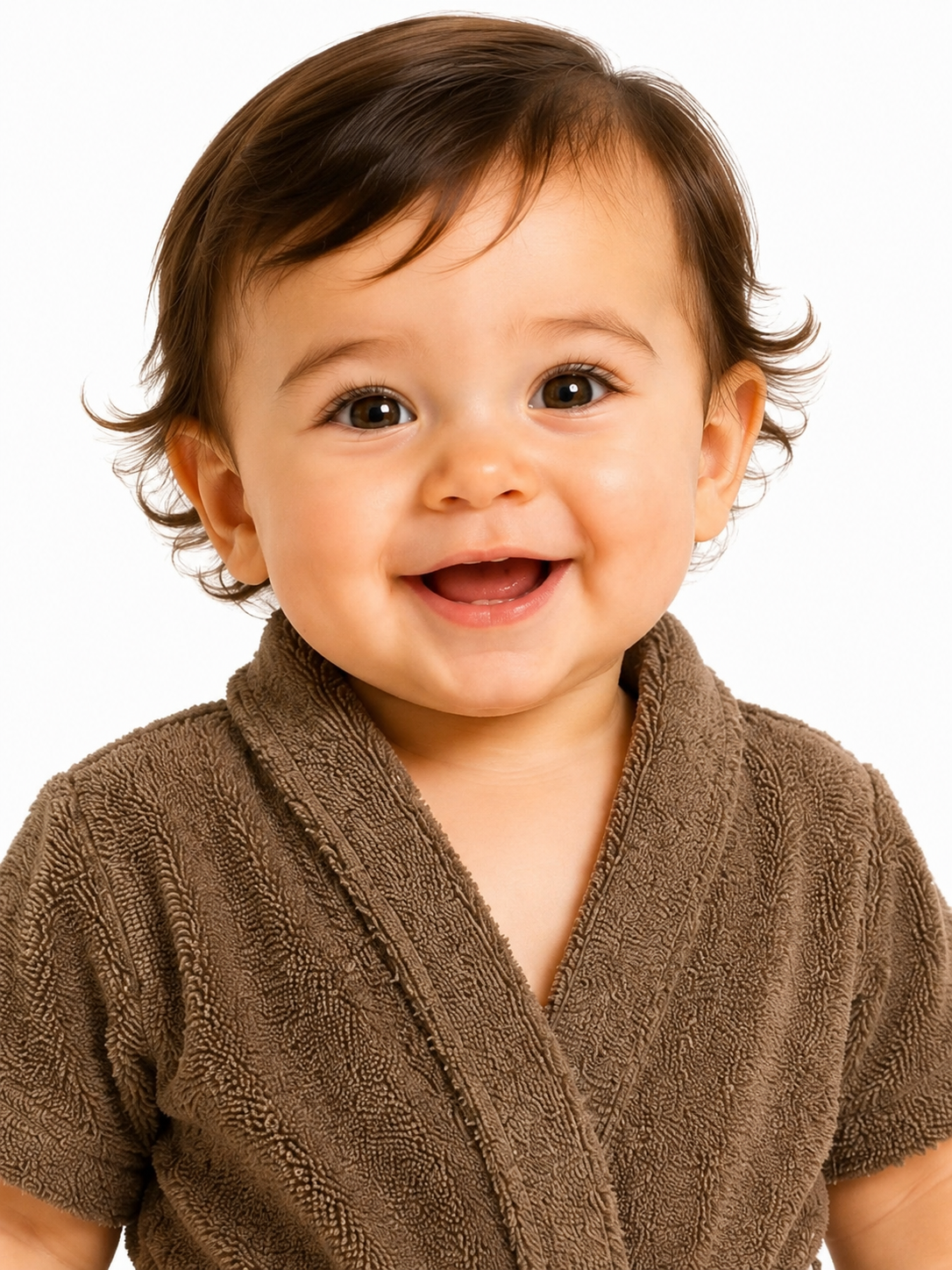 A close-up of a smiling baby wearing a brown textured bathrobe against a plain white background.