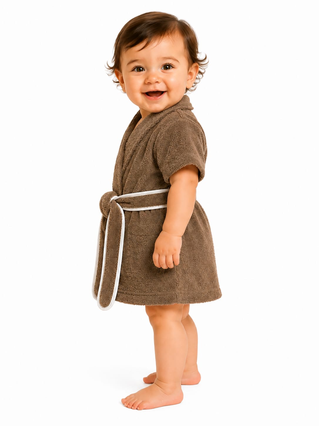 A smiling toddler standing barefoot against a white background, wearing a brown terry cloth bathrobe with a matching belt and white piping.