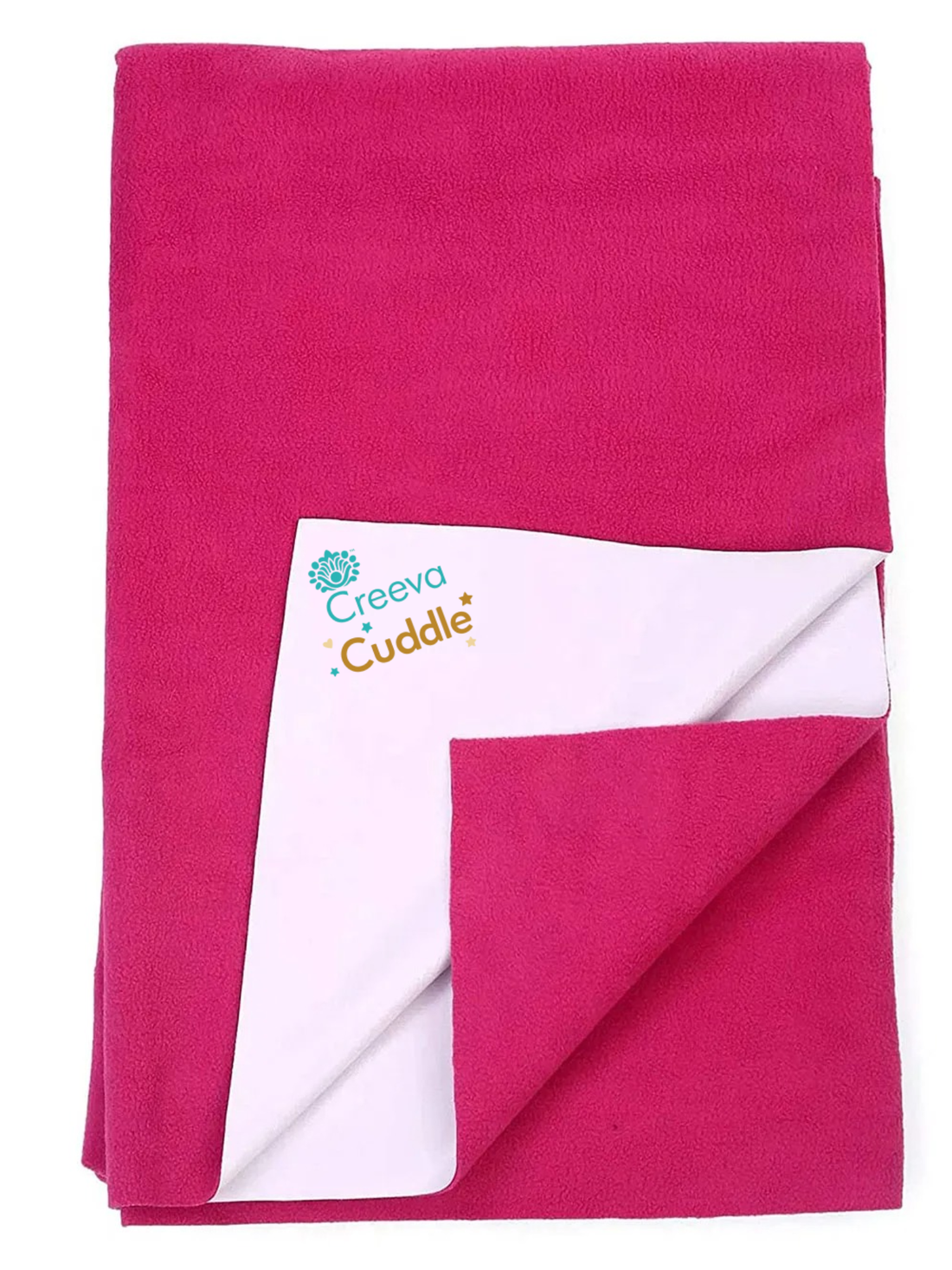 Pink blanket with a white label featuring 'Creeda Cuddle' on a white background