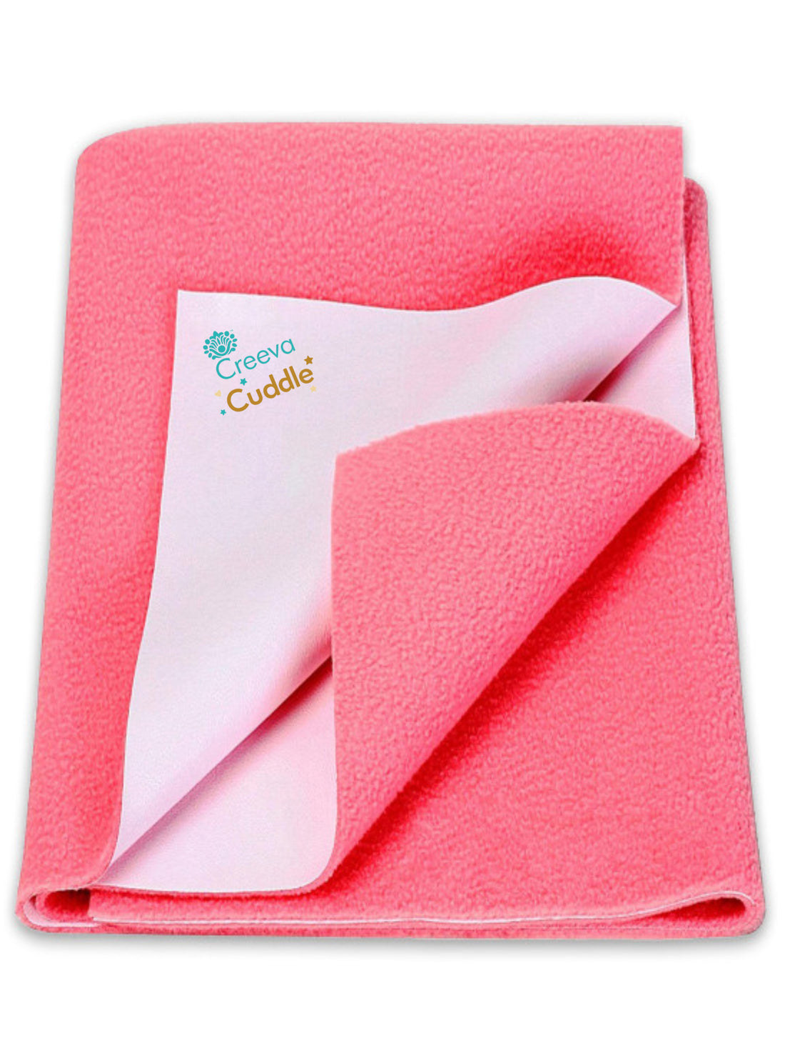 Coral blanket with Creeva Cuddle logo on a white background