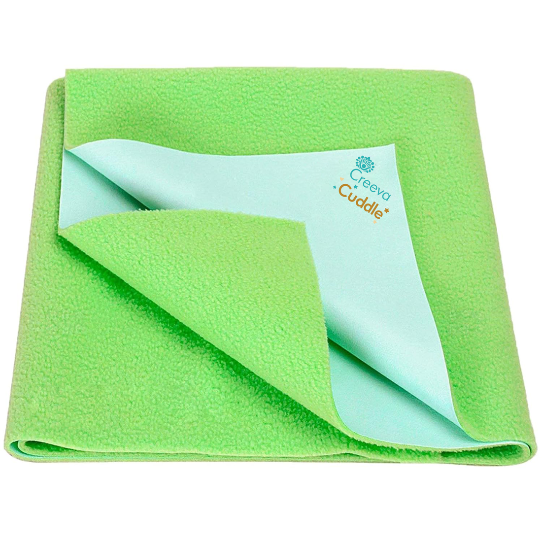 Green and light blue towel with Creeva Cuddle logo on a white background