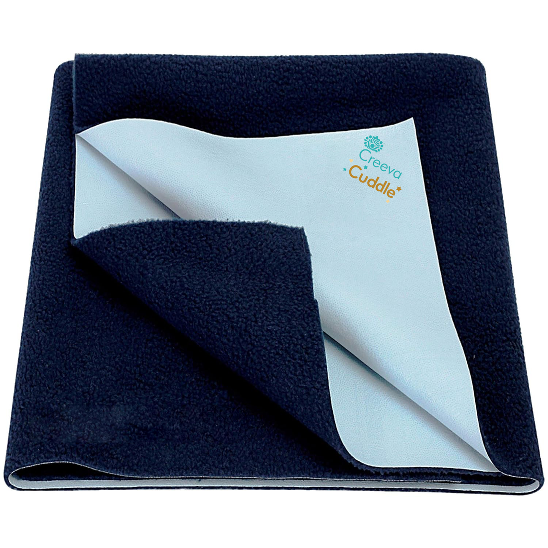 Navy blue fleece blanket with light blue interior, featuring Creva Cuddle logo.