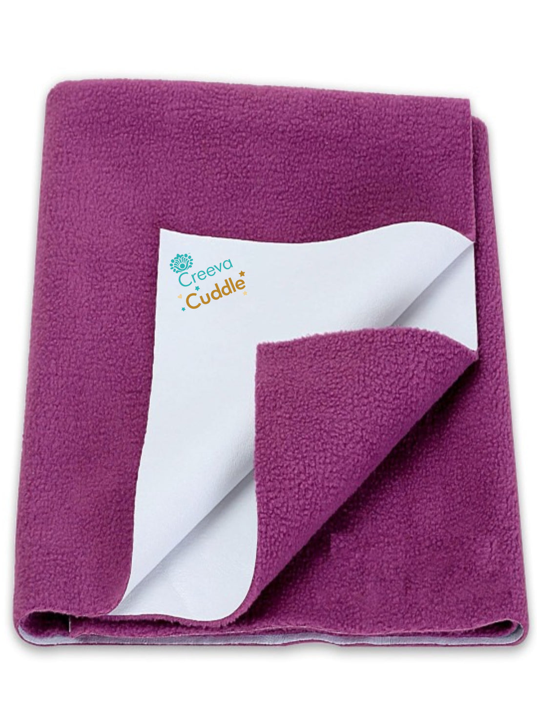 Pink fleece blanket with white interior and Creeva Cuddle logo on a white background