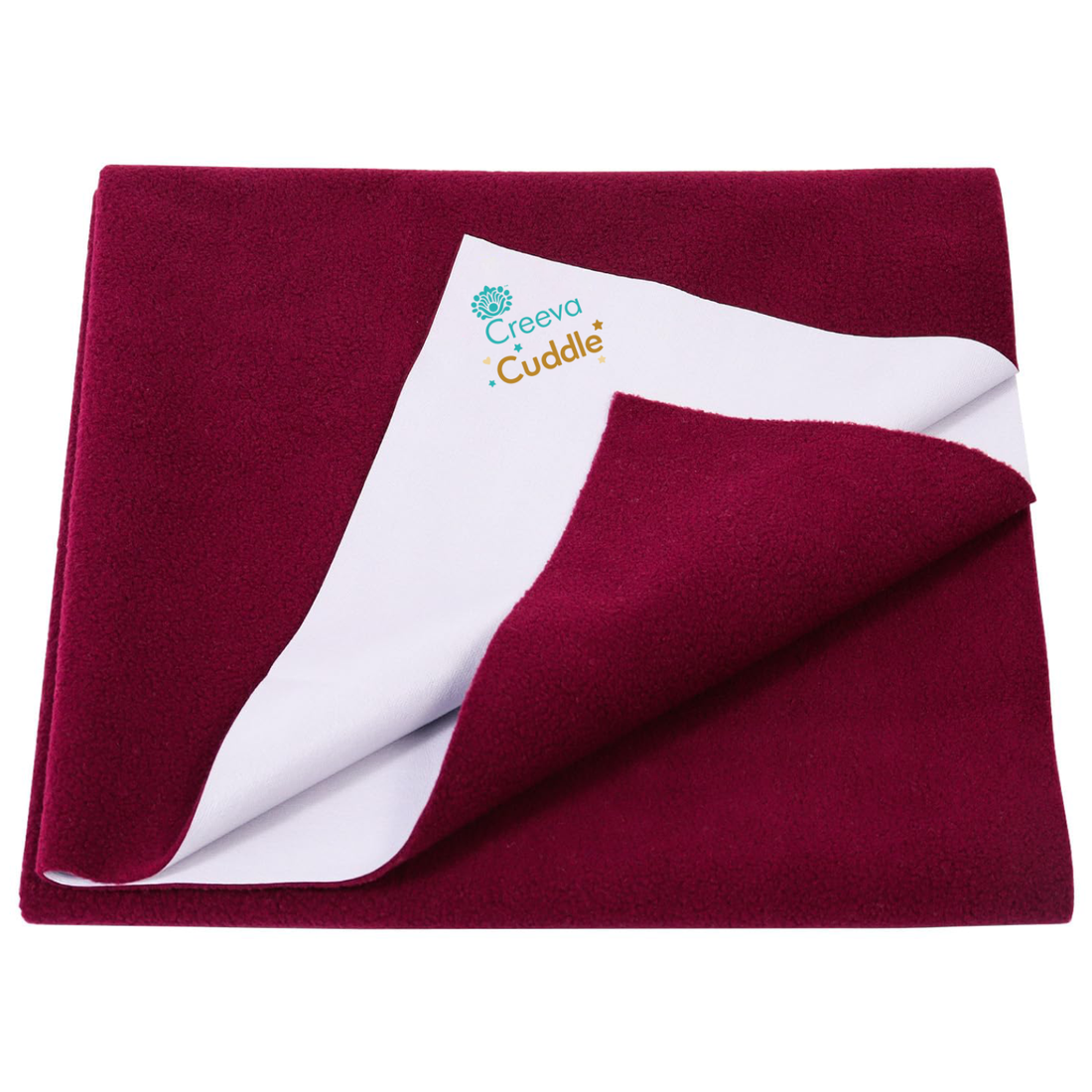 Folded maroon and white blanket with 'Cleva Cuddle' branding on a white background