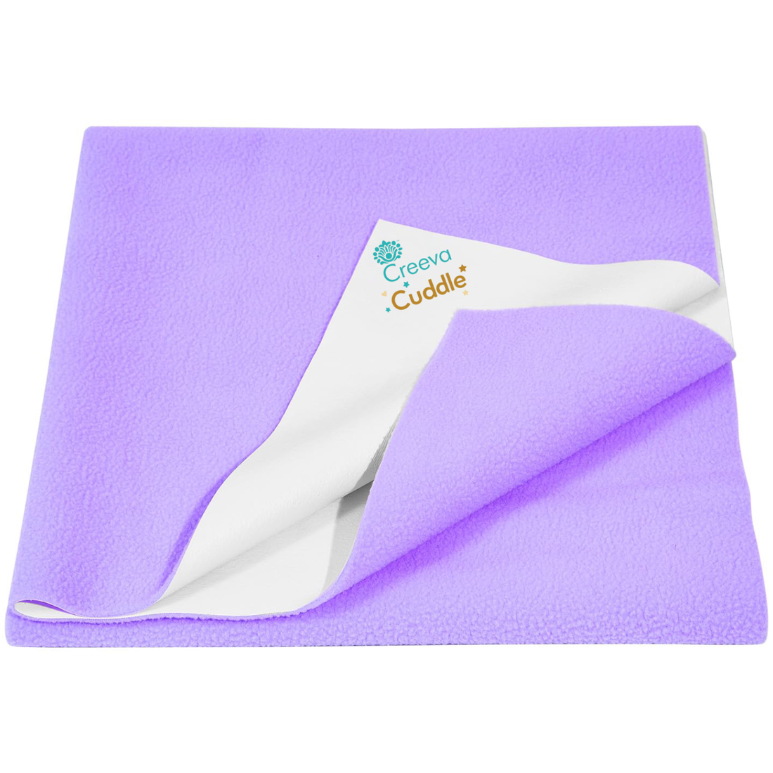 Purple blanket with white lining and 'Creeva Cuddle' branding on a white background