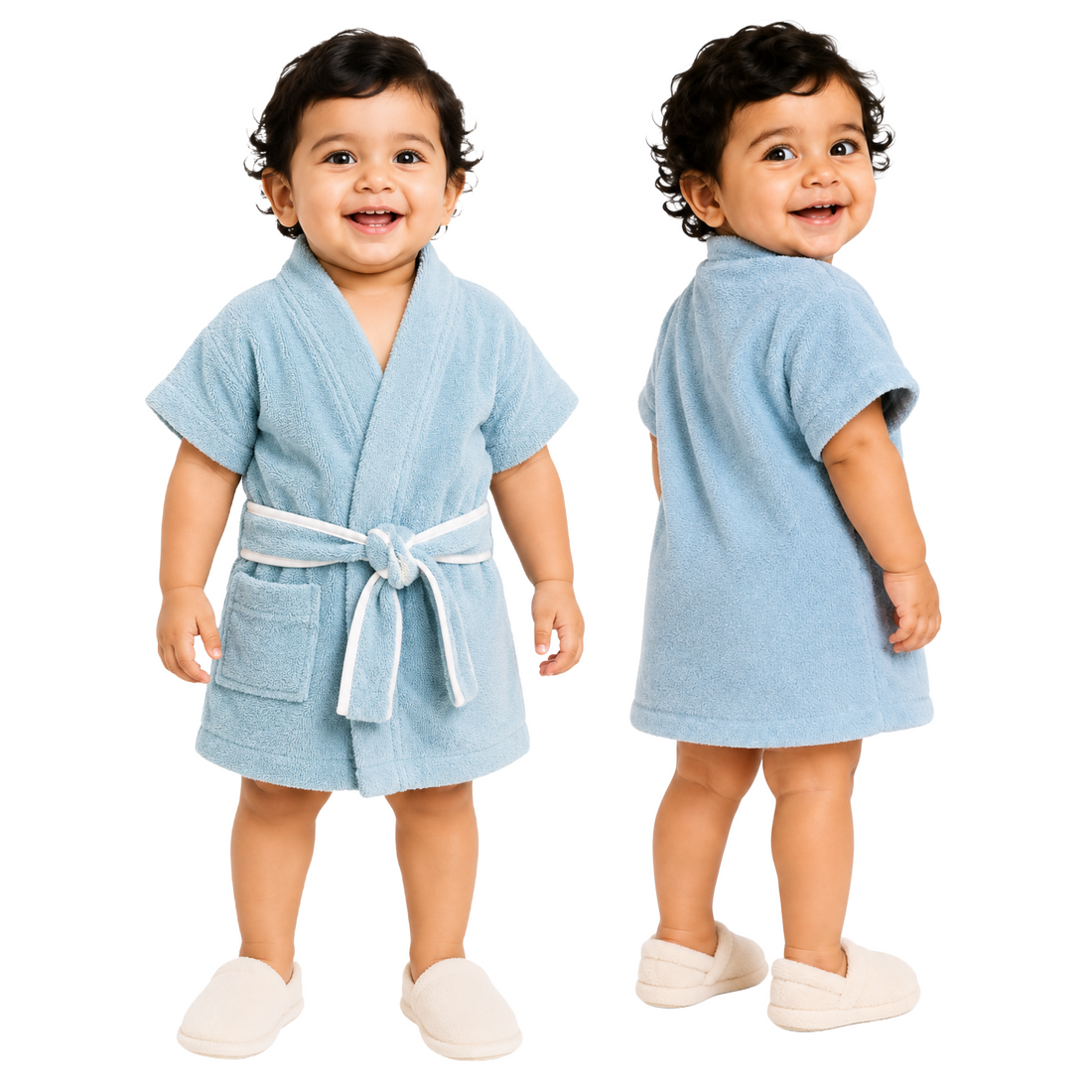 A toddler standing against a white studio background, shown in two views wearing a light blue bathrobe with a tie belt and white slip-on shoes. The front view is on the left and the back view is on the right.