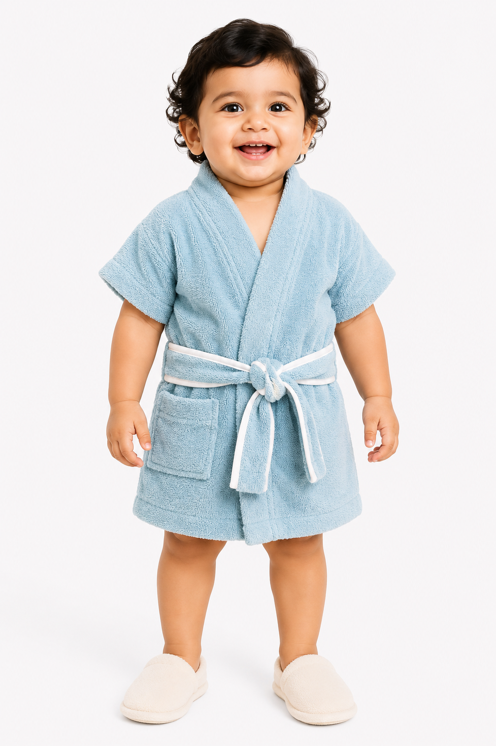 A toddler standing against a white studio background, shown in two views wearing a light blue bathrobe with a tie belt and white slip-on shoes. The front view is on the left and the back view is on the right.