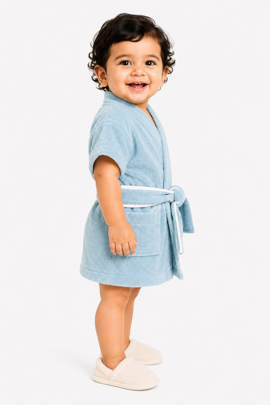 A toddler standing in profile wearing a light blue short-sleeve bathrobe with a tie belt and white slip-on shoes, photographed against a clean white studio background.