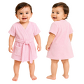 A baby wearing a short-sleeve pink terry cloth bathrobe, shown from both the front and back views against a solid white background.