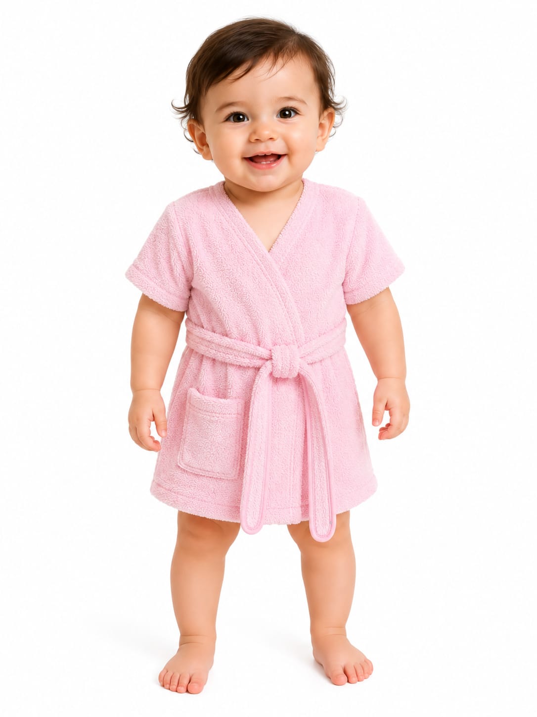 A baby wearing a short-sleeve pink terry cloth bathrobe, shown from both the front and back views against a solid white background.
