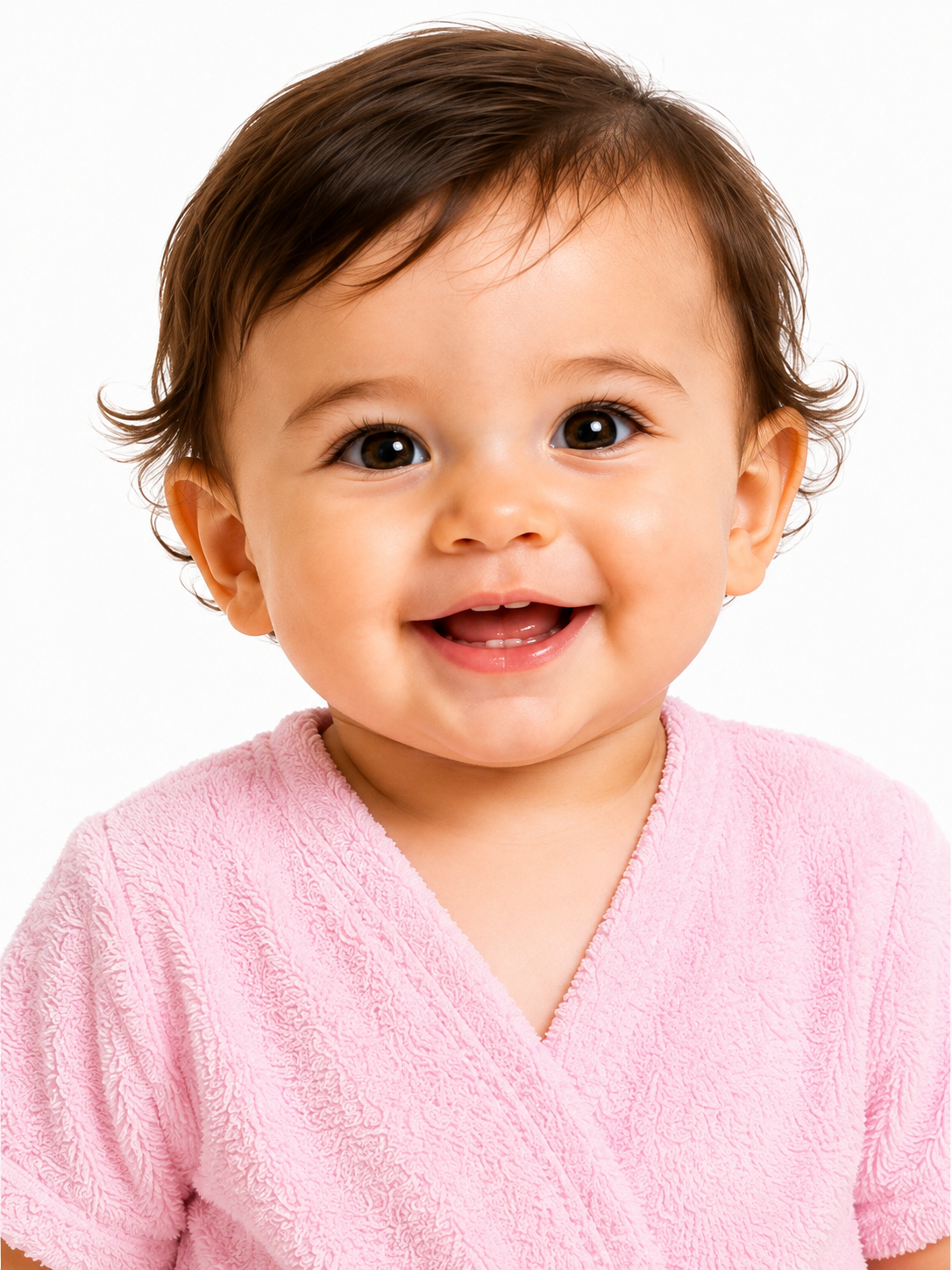 A close-up portrait of a smiling baby wearing a soft pink textured wrap robe against a plain white background.