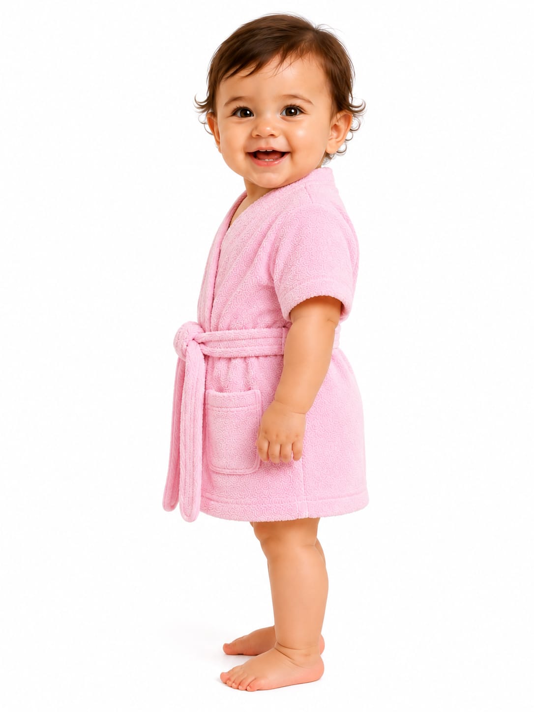 A smiling toddler standing barefoot in profile, wearing a soft pink terry cloth bathrobe with a tie belt and front patch pocket, against a plain white background.