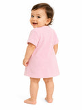 A baby wearing a light pink short-sleeve terry cloth dress, shown from the back against a solid white background.